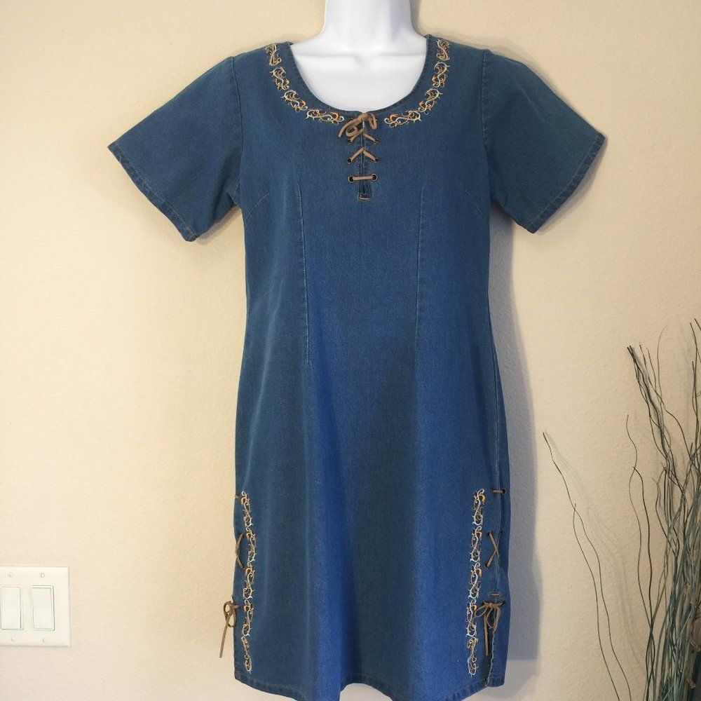 Starwear Jeans Denim Mini Dress Vintage Embroidered Laced Neckline Side Zipper S